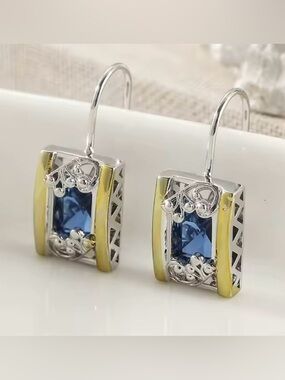 New .925 Silver & 18K Gold and Sapphire Earrings